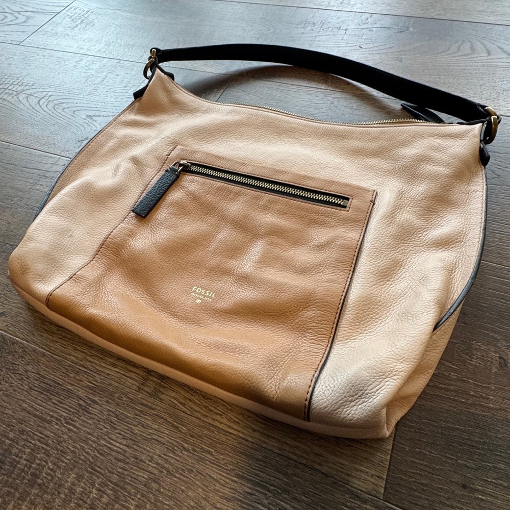 Fossil Tan Leather Hobo Bag Shoulder Bag Large Pocket Black Strap Purse - Picture 2 of 6